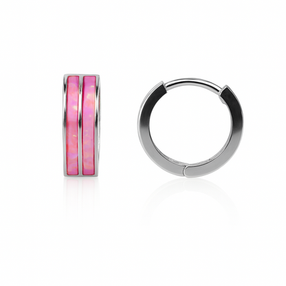 14k Yellow/White Gold Double Row Hot Pink Opal Huggie Hoop Earrings