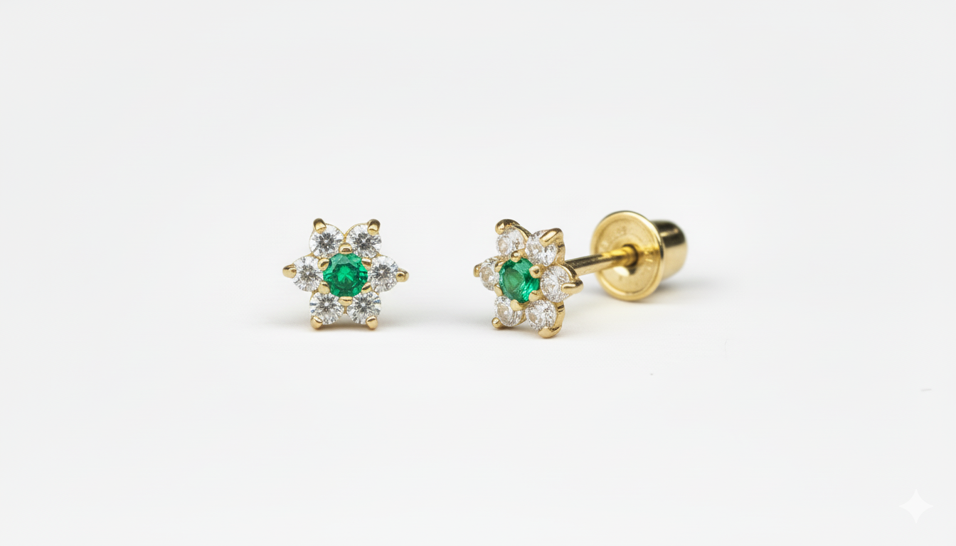 14K Yellow Gold Classic Flower CZ  Stud Earrings for Women