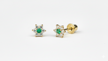 14K Yellow Gold Classic Flower CZ  Stud Earrings for Women
