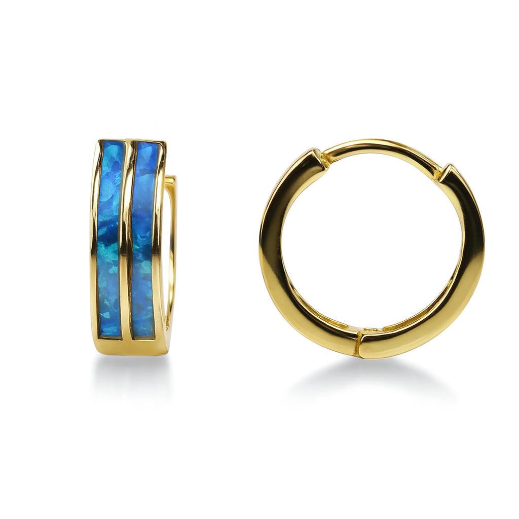 14k Yellow/White Gold Double Row Dark Blue Opal Huggie Hoop Earrings