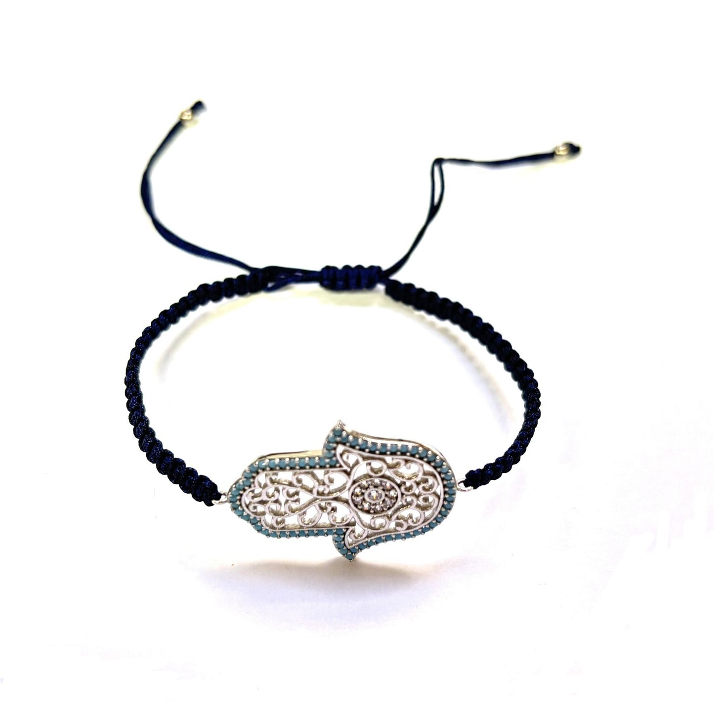 925 Sterling Silver  C Z Hamsa Bracelet 6" Adjustable to 11"