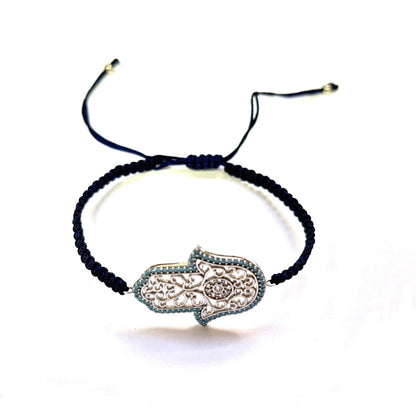 925 Sterling Silver  C Z Hamsa Bracelet 6" Adjustable to 11"