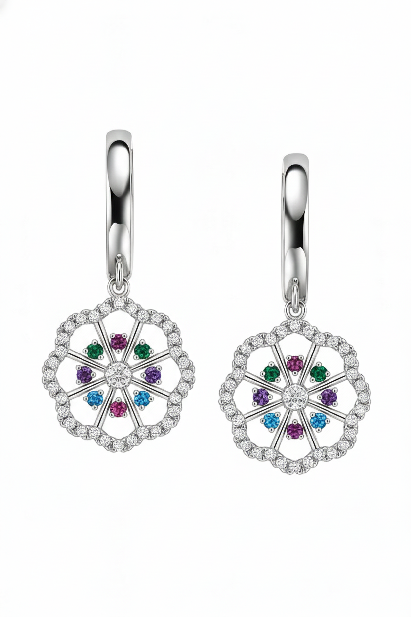 14k Yellow White Gold Dangle CZ Flower Huggie Earrings