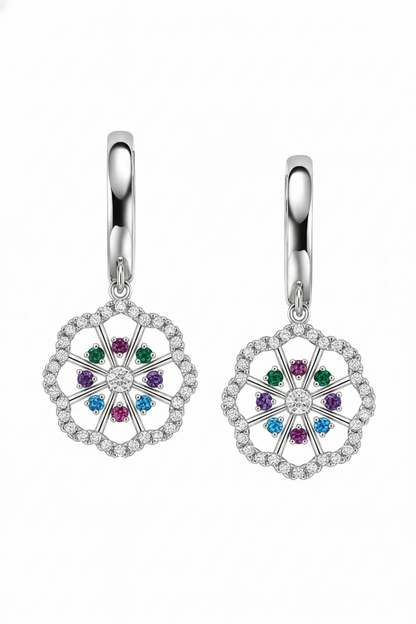 14k Yellow White Gold Dangle CZ Flower Huggie Earrings