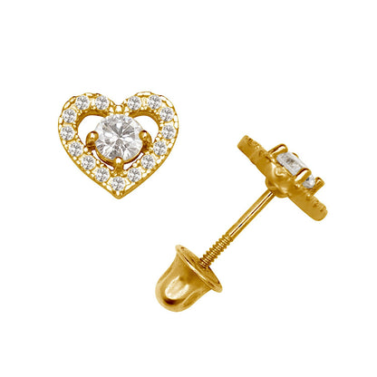 14K Yellow & White Gold CZ Heart Shaped Stud Earrings for Women