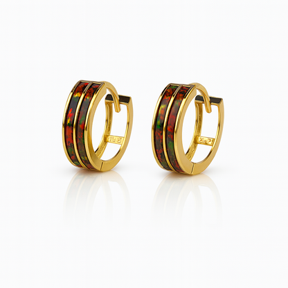 14k Yellow Gold Double Row Black Opal Huggie Hoop Earrings