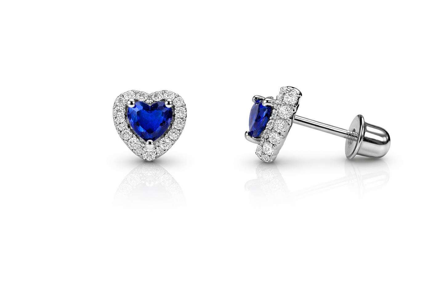 14K White Gold Halo Heart CZ Stud Earrings Screw Back