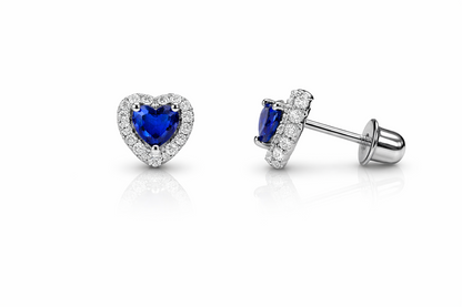 14K White Gold Halo Heart CZ Stud Earrings Screw Back