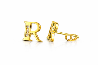 14k Yellow or White Gold Initial Letters CZ Stud Earrings