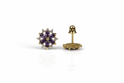 14K  Yellow Gold Beautiful CZ Flower Stud Earrings for Women