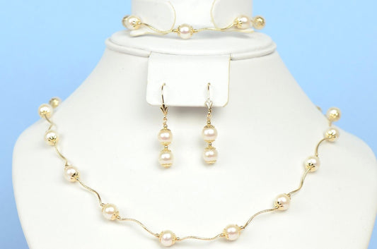 14k Yellow Gold Genuine White Pearls 3pcs Women Set:Necklace, Bracelet, Earrings