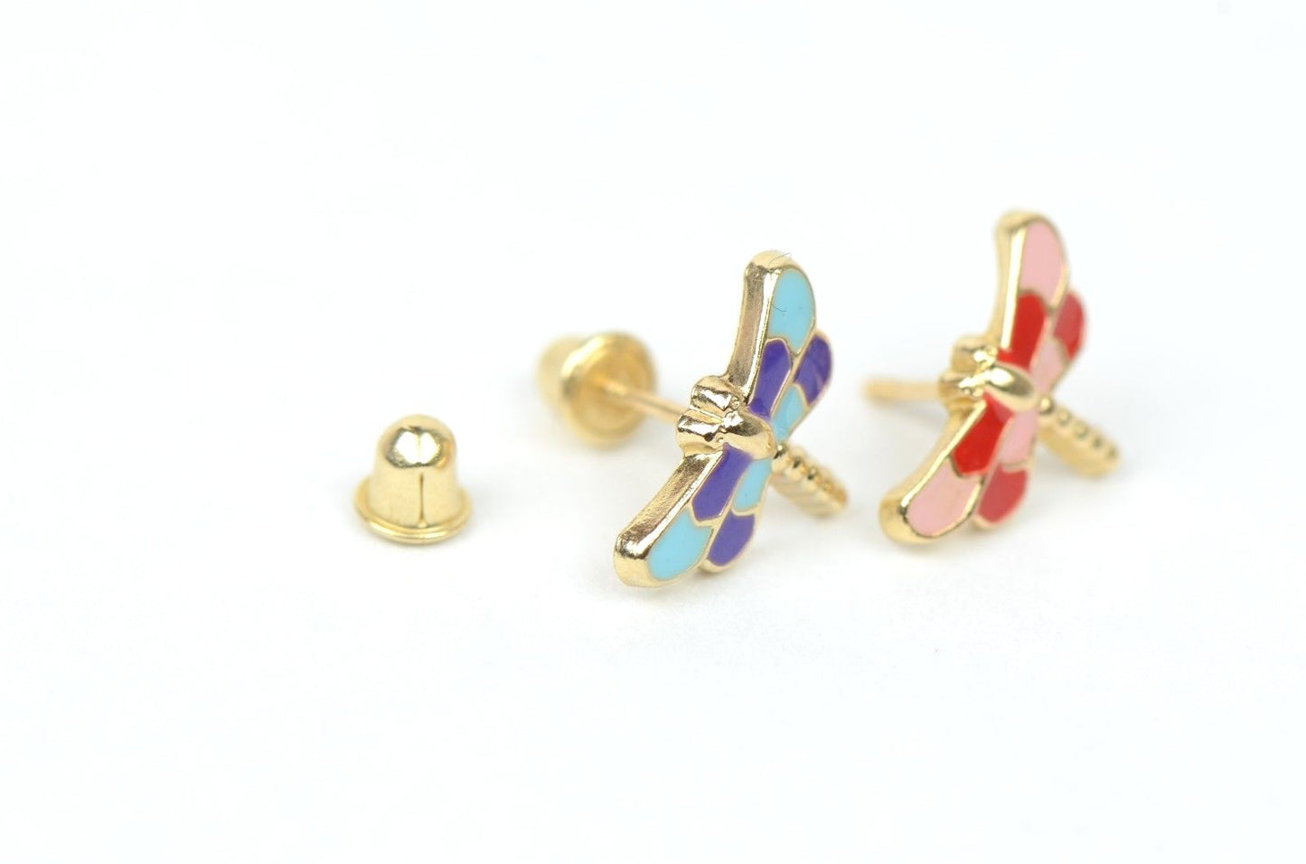 14k Yellow Gold Baby Enamel dragonfly earrings with Screw Back