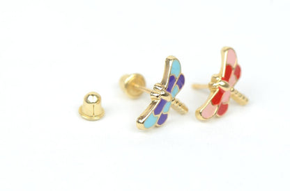 14k Yellow Gold Baby Enamel dragonfly earrings with Screw Back