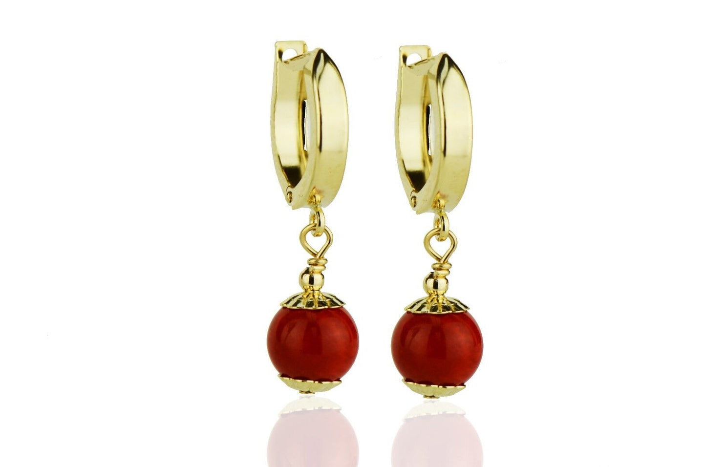 14k Yellow Gold Coral Huggie Dangle Earrings