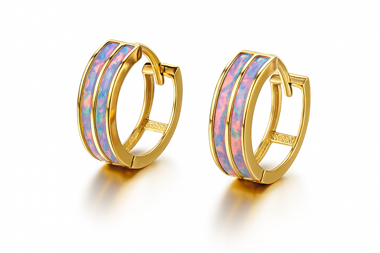 14k Yellow Gold Double Row Purple Opal Huggie Hoop Earrings