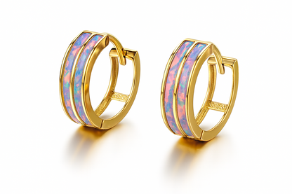 14k Yellow Gold Double Row Purple Opal Huggie Hoop Earrings