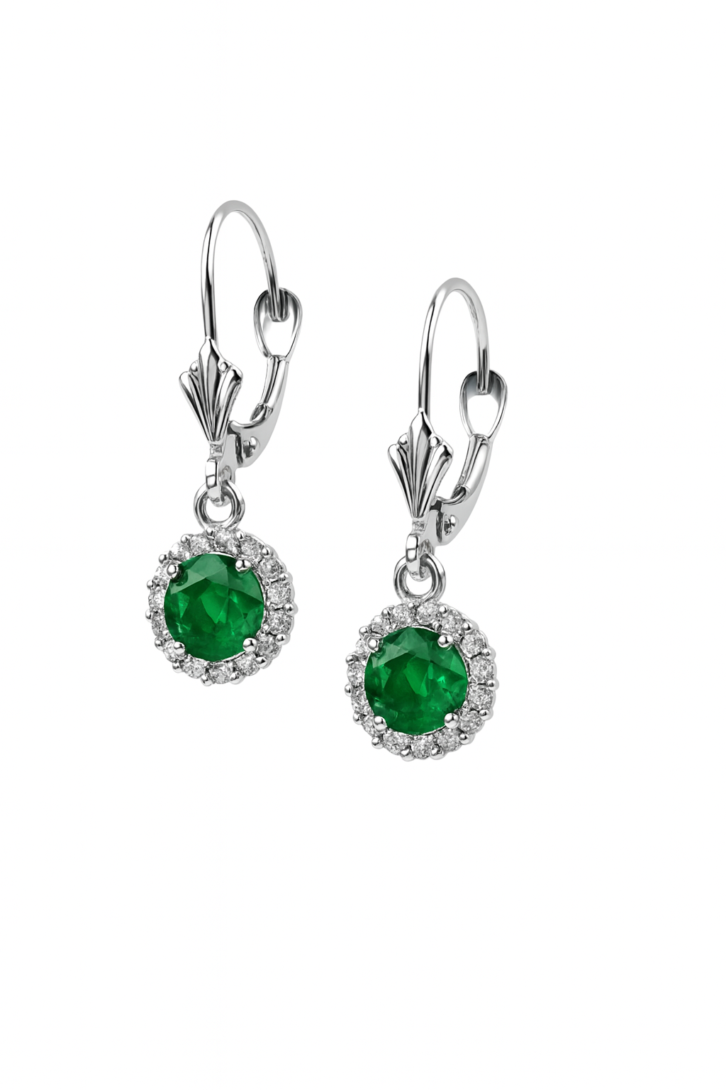 14k White Gold Halo Dangle Round Leverback Pierced Earrings Birthstone