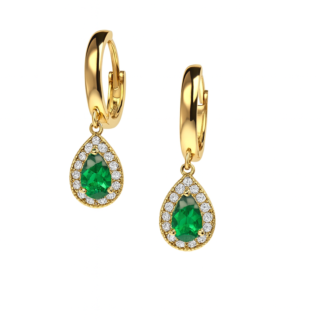 14k Yellow Gold Halo Birthstone Huggie Earrings for Women