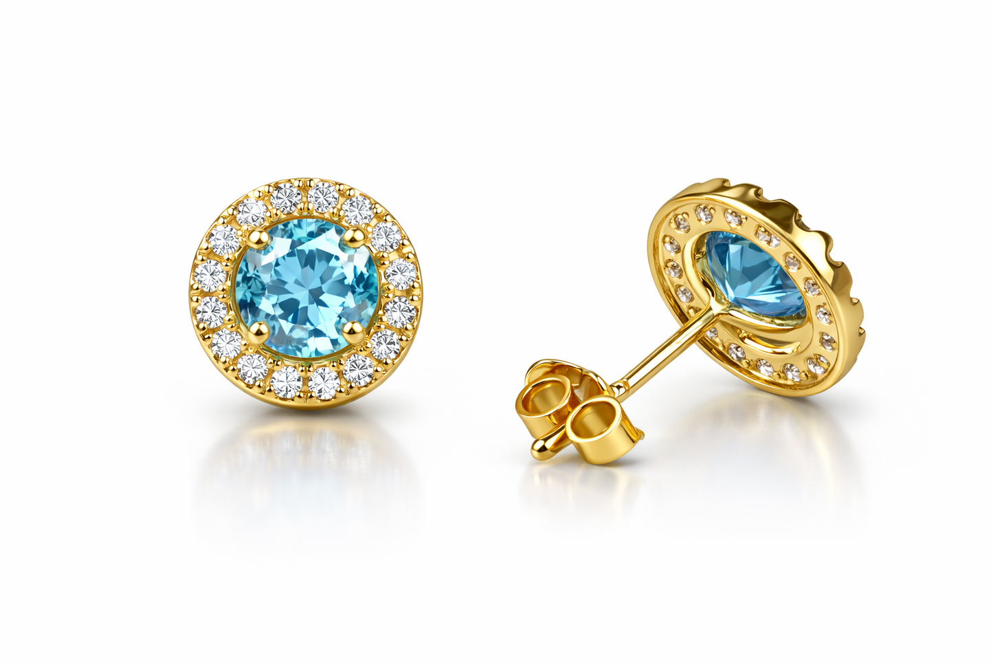 14K Solid Yellow Gold Halo Stud Push Back Earrings