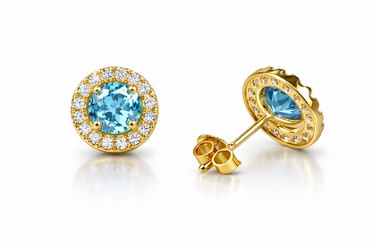 14K Solid Yellow Gold Halo Stud Push Back Earrings
