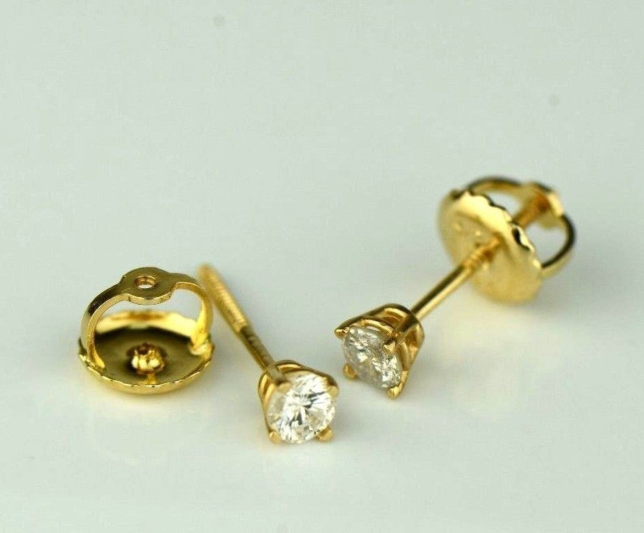 14k Yellow Gold Round Diamond Stud Earring with Screw Back .20 PT TW.