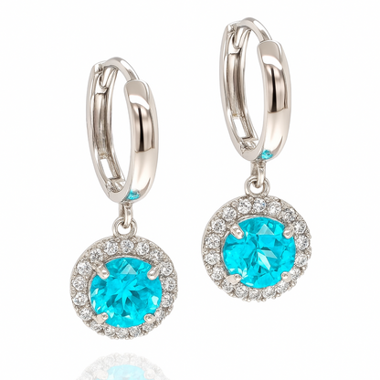 14k White Gold Halo Round Shaped pretty Birthstone Huggie Earrings for Women