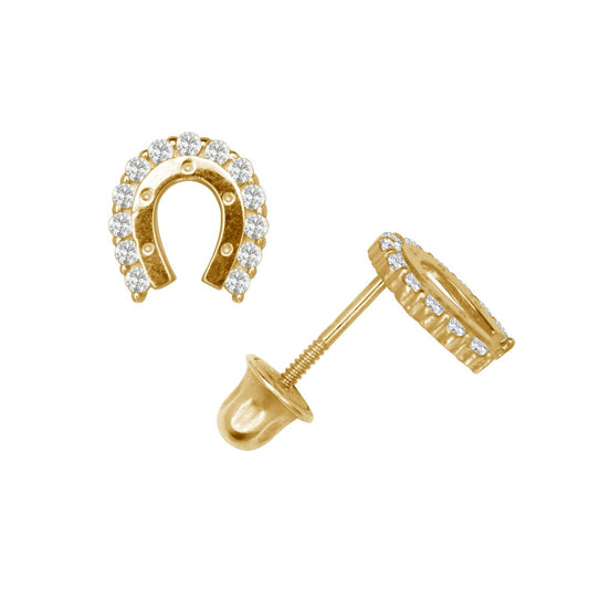 14K  Yellow & White Gold Horseshoe Shaped CZ Stud Earrings for Women
