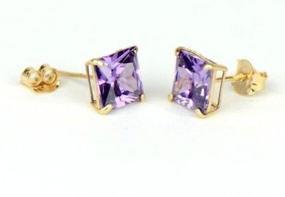 14k Yellow Gold Solid Square Princess Cut Birthstone 6MM CZ Stud Earrings