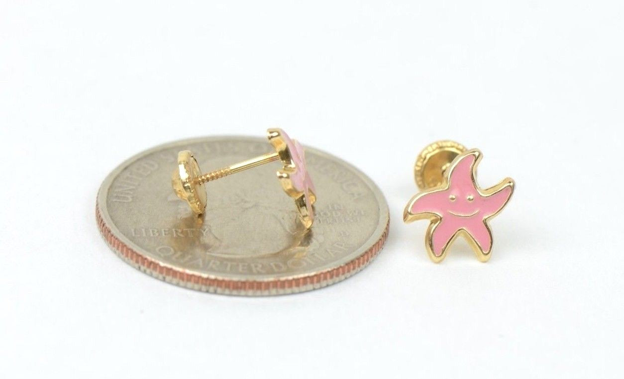 14k Yellow Gold Enamel Starfish Baby earrings with Screw Back
