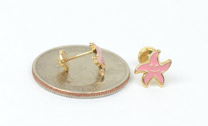 14k Yellow Gold Enamel Starfish Baby earrings with Screw Back