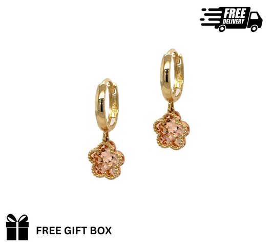 14k Yellow and Rose Gold Dangle Flower Hoop Huggie Earrings