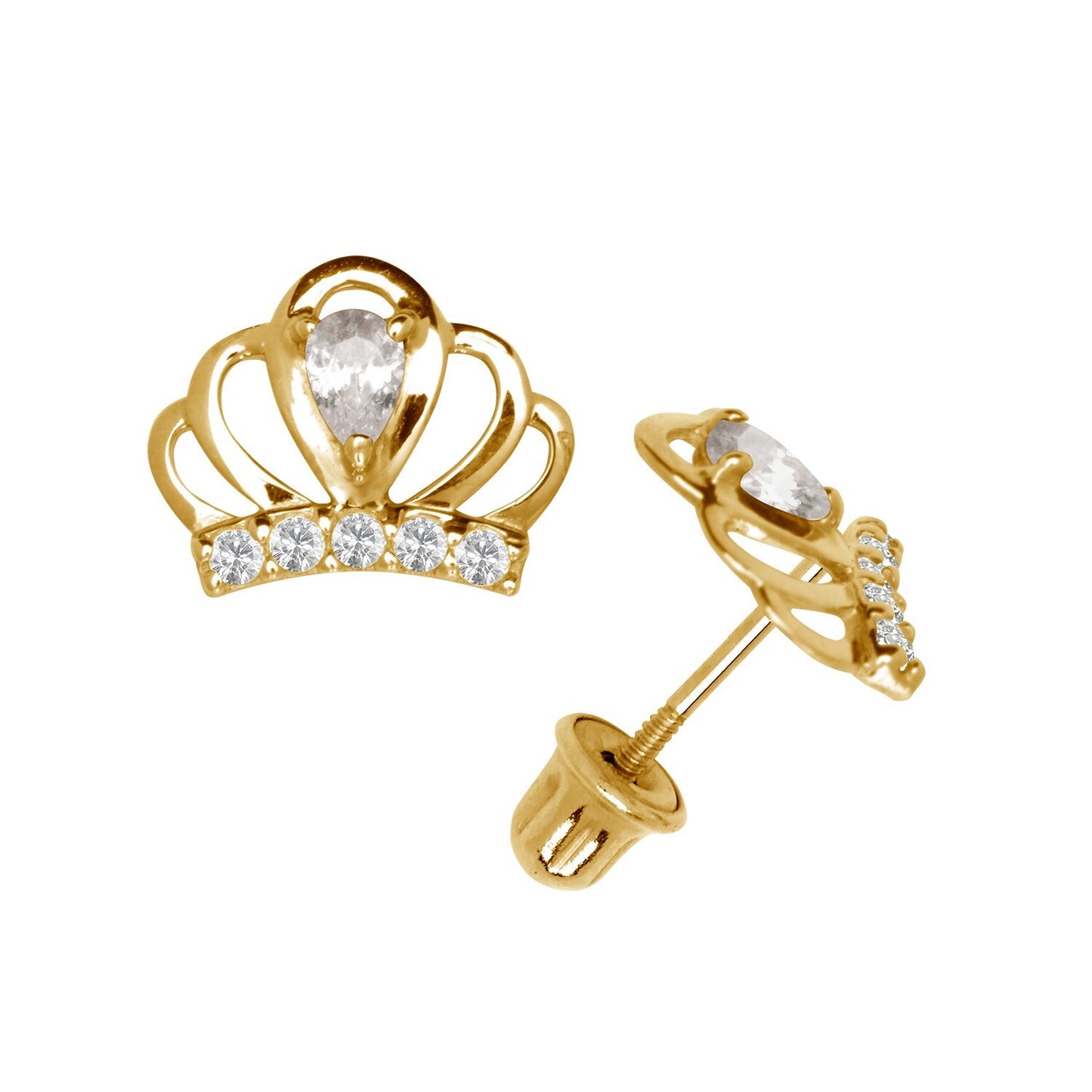 14k Yellow & White Gold CZ Crown Baby Screw Back Stud Earring for Girls
