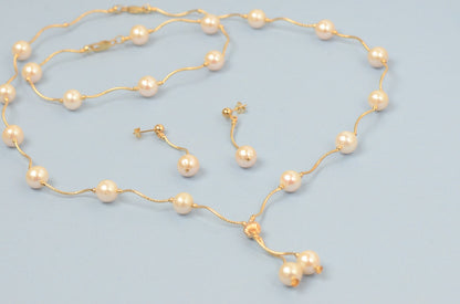 14k Yellow Gold Natural White Pearls 3pcs Women Set:Necklace, Bracelet, Earrings