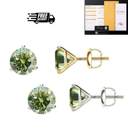 14K Gold GRA CertifiedD-VVS1 Green Moissanite ScrewBack Stud Earrings