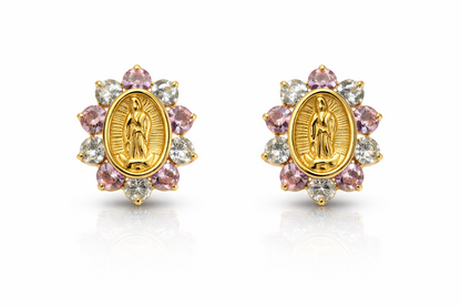 14K Yellow Gold Guadalupe Virgin Mary Screw Back CZ Stud Earrings