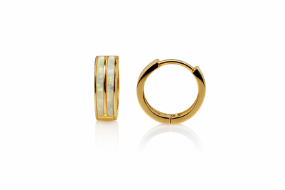 14k Yellow/White Gold Double Row White Opal Huggie Hoop Earrings