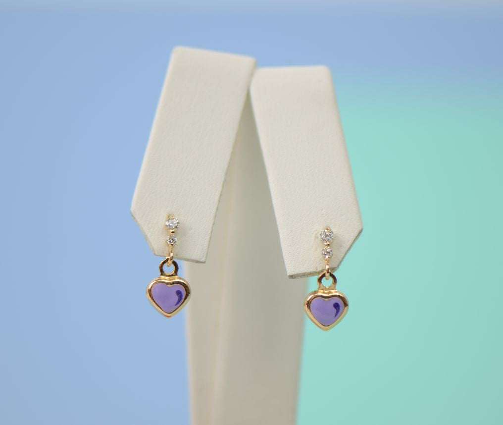 14K Solid Yellow Gold Heart Shape Enamel Dangle Screw Back Baby Earrings