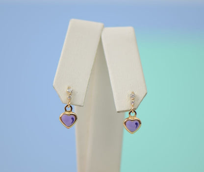 14K Solid Yellow Gold Heart Shape Enamel Dangle Screw Back Baby Earrings