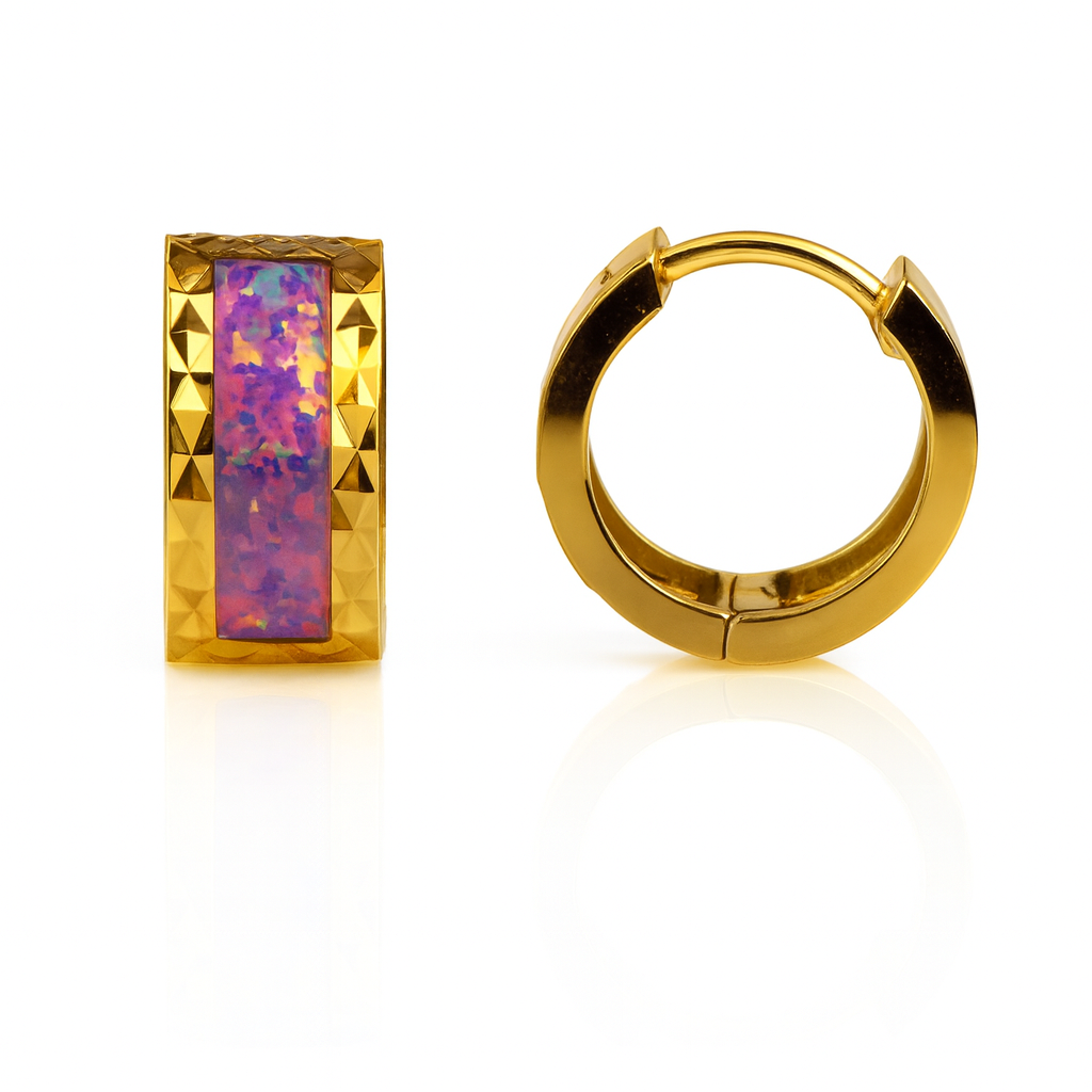 14k Yellow Gold Purple Opal Huggie Hoop Earrings