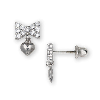 14K Yellow & White Gold Sweet Bow & Heart Dangle Earrings for Girls