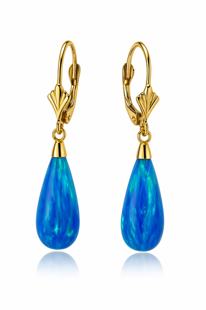 14k Yellow and White Gold Dark Blue Opal Leverback Earrings