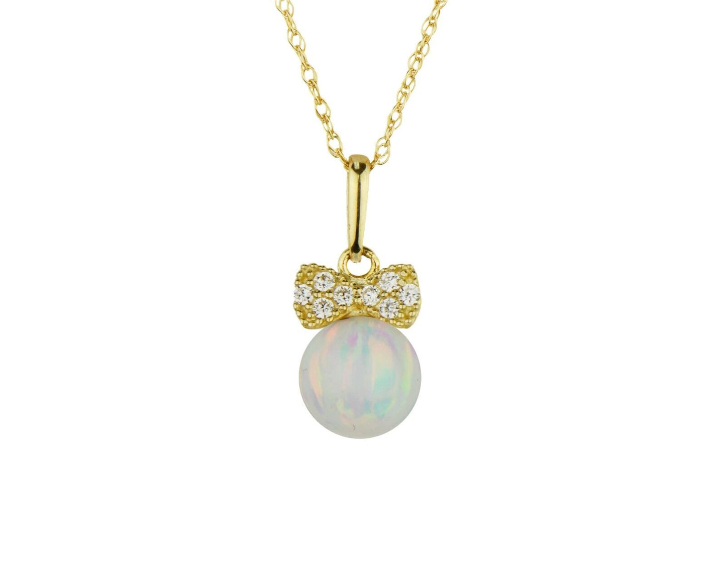 14K Yellow Gold Bow Tie Opal CZ Pendant Necklace Rope Chain