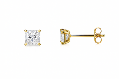 14k solid yellow gold square clear CZ basket set stud earrings 3mm-10mm