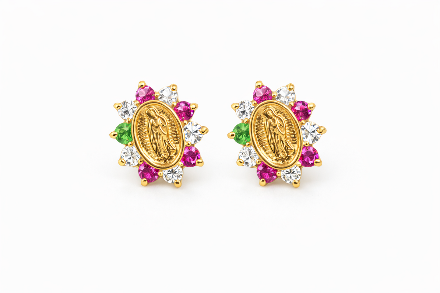 14K Solid Yellow Gold Guadalupe Virgin Mary Screw Back CZ Stud Earrings