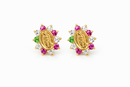 14K Solid Yellow Gold Guadalupe Virgin Mary Screw Back CZ Stud Earrings