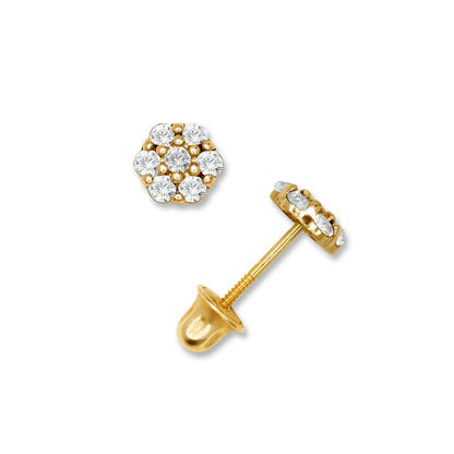 14K Yellow & White Gold Beautiful CZ Flower Stud Earrings for  Girls