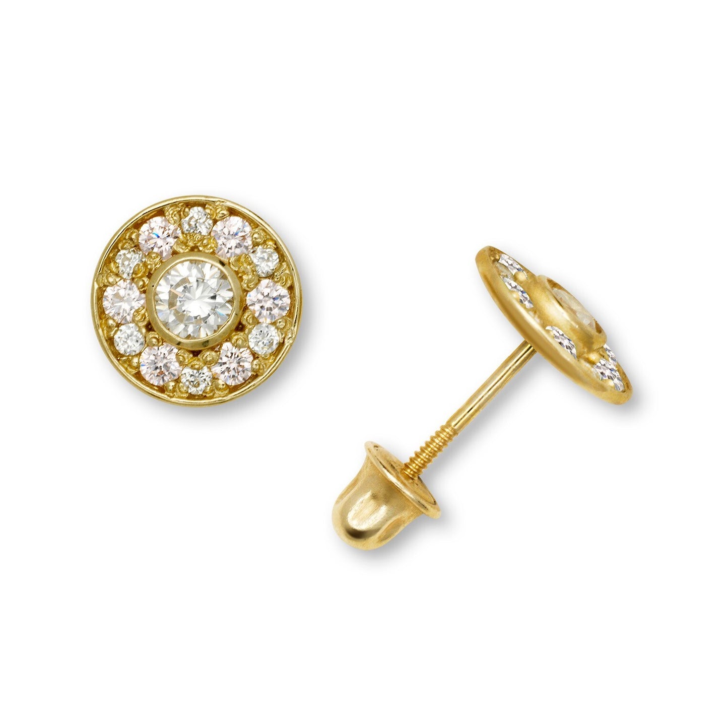 14K Yellow & White Gold Round Shaped Beautiful CZ Earrings for Girls