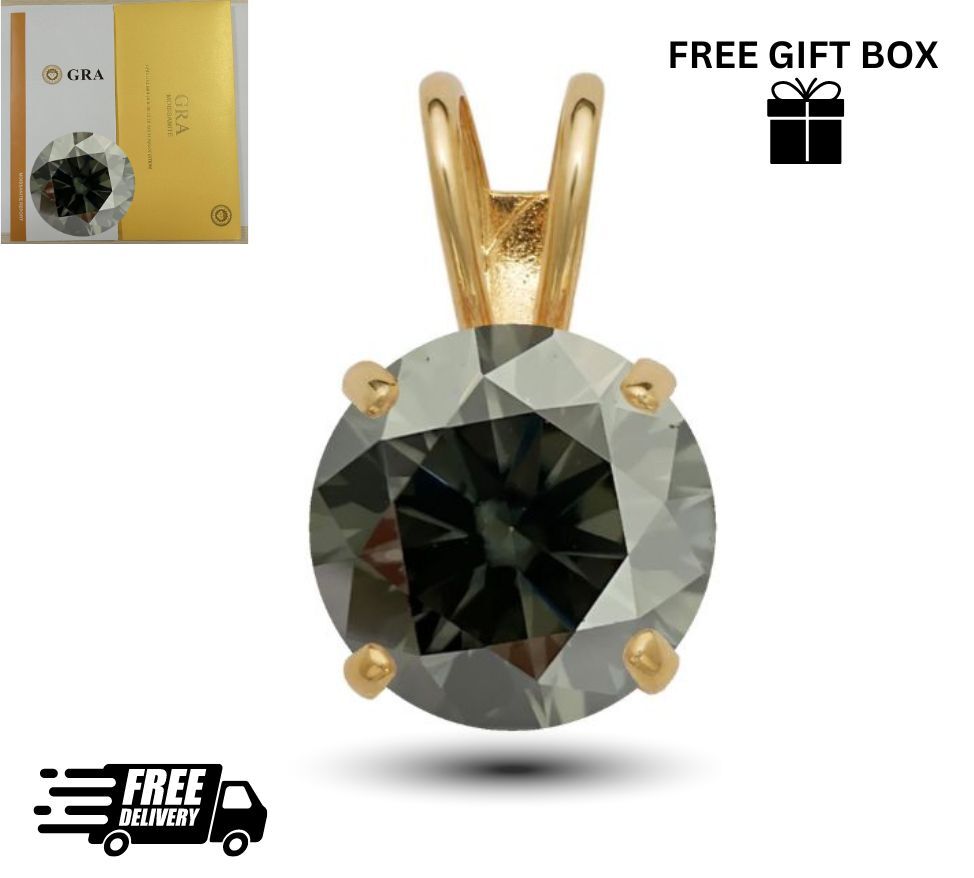 14K Gold GRA Certified D-VVS1 Round Grey Moissanite Pendant