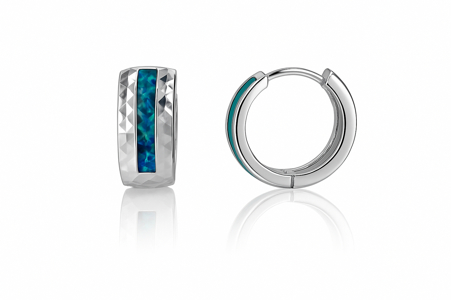 14k White Gold Dark Green Opal Huggie Hoop Earrings