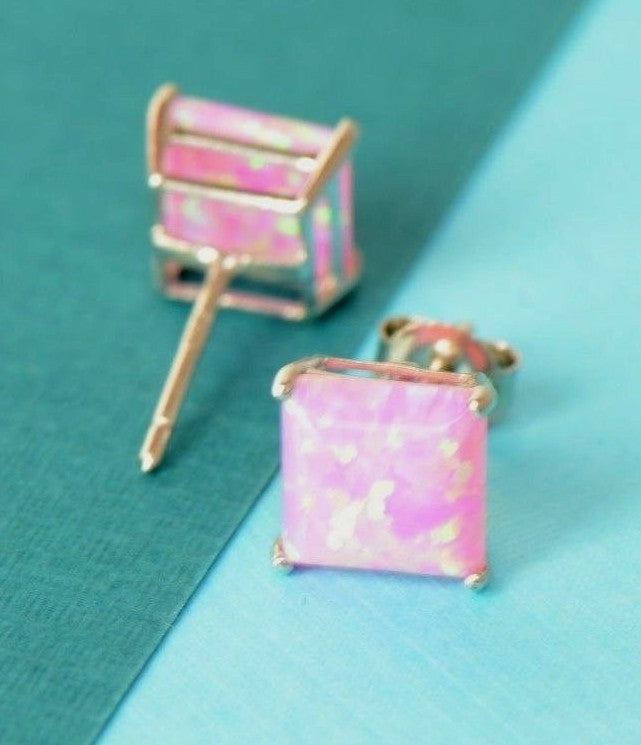 925 Sterling Silver Square Opal stud Earrings